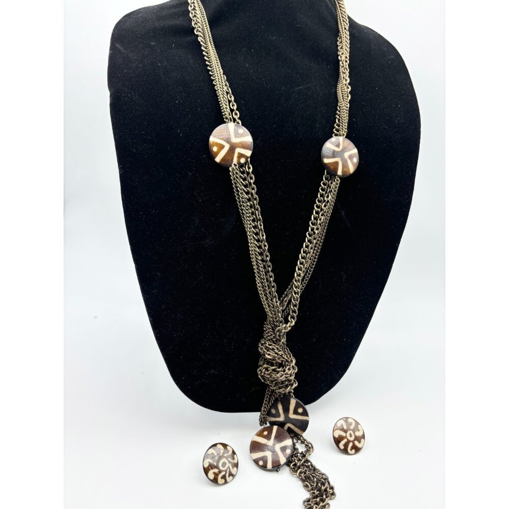 1990s Multi-Strand Necklace-Earrings with Mud Cloth Print Bone Beads
